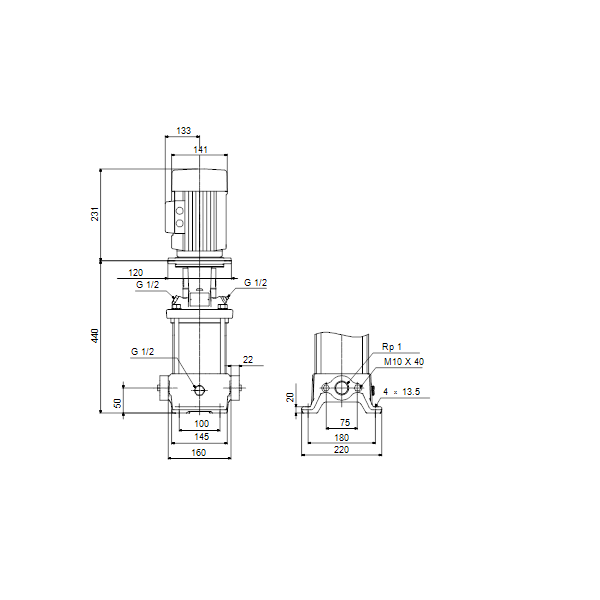 Вертикальный многоступенчатый центробежный насос Grundfos CR 1-13 A-A-A-V-HQQV артикул 96553115 – габаритный чертеж