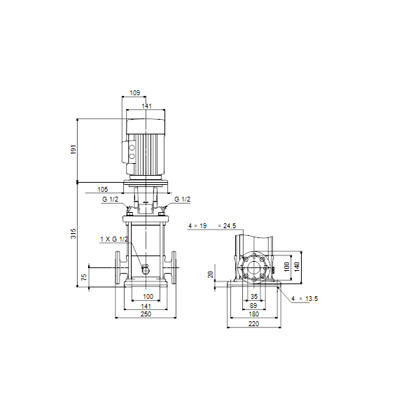 Вертикальный многоступенчатый центробежный насос Grundfos CR 1-5 A-FGJ-A-E-HQQE артикул 96516242 – габаритный чертеж