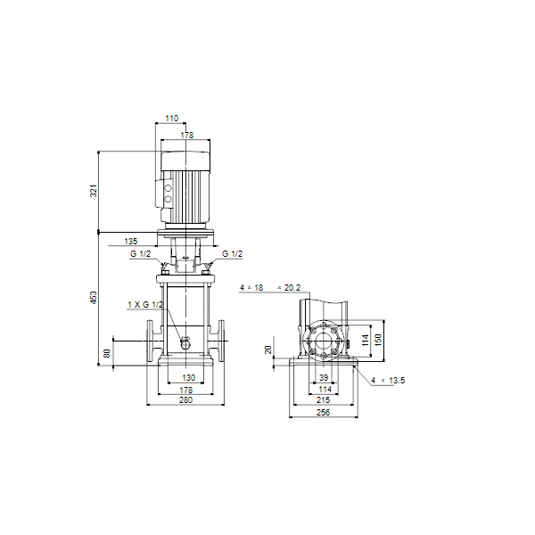 Вертикальный многоступенчатый центробежный насос Grundfos CR 10-5 A-FJ-A-E-HQQE артикул 96501214 – габаритный чертеж