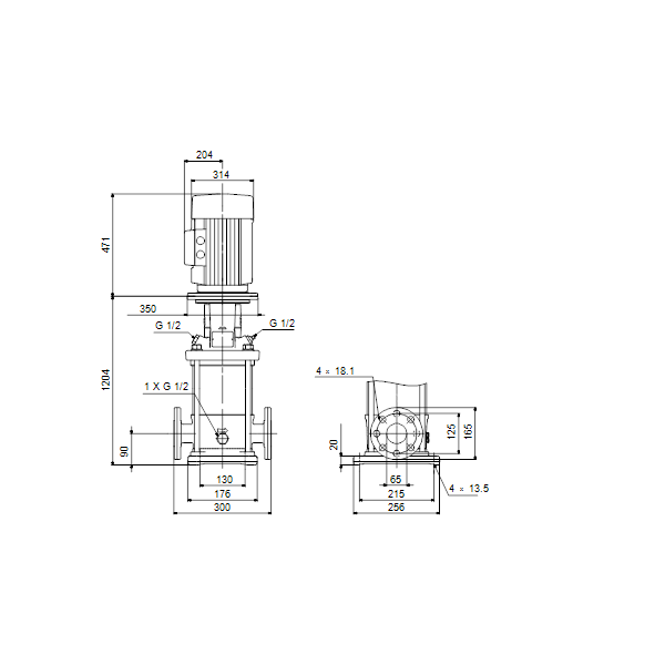 Вертикальный многоступенчатый центробежный насос Grundfos CR 15-17 A-F-A-V-HQQV артикул 96501994 – габаритный чертеж