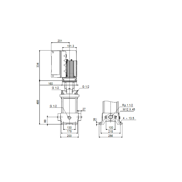Вертикальный многоступенчатый центробежный насос Grundfos CRE 10-6 N-A-A-E-HQQE артикул 99071458 – габаритный чертеж