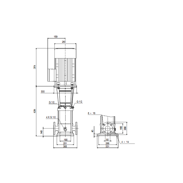 Вертикальный многоступенчатый центробежный насос Grundfos CRN 45-2 A-F-A-E-HQQE артикул 96123119 – габаритный чертеж