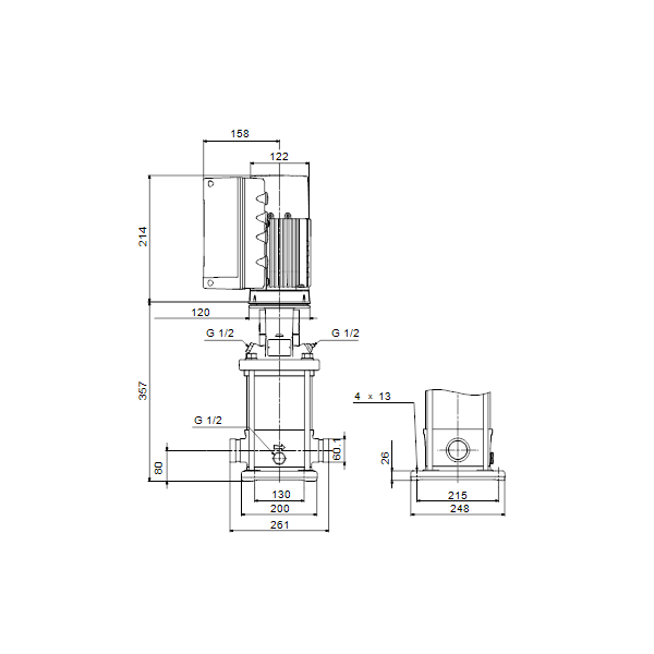 Вертикальный многоступенчатый центробежный насос Grundfos CRNE 10-1 N-P-A-E-HQQE артикул 98390331 – габаритный чертеж