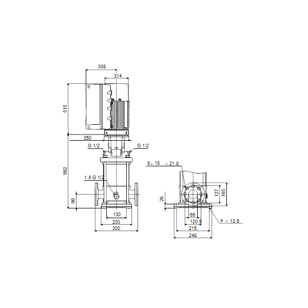 Вертикальный многоступенчатый центробежный насос Grundfos CRNE 15-12 N-FGJ-A-E-HQQE артикул 96514608 – габаритный чертеж