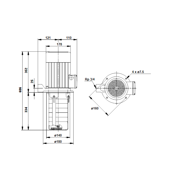 Полупогружной насос Grundfos MTH4-9/9 A-W-A-AQQV артикул 98993076 – габаритный чертеж