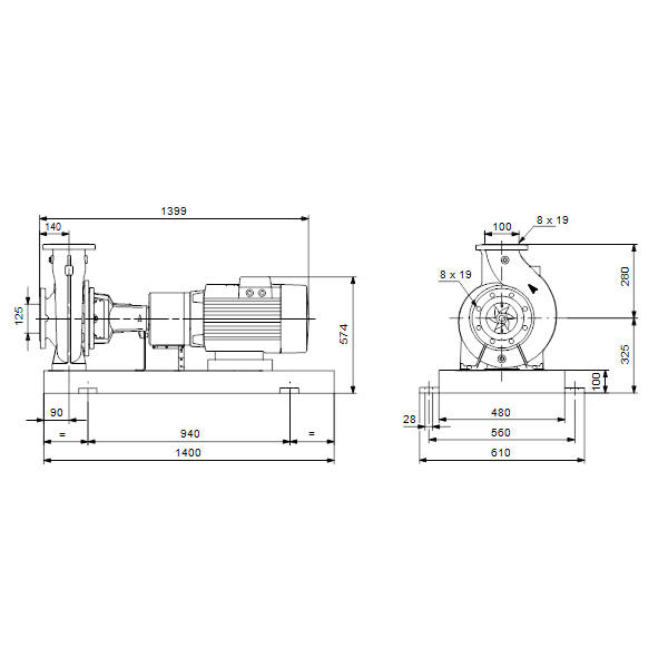 Консольный насос с односторонним всасыванием Grundfos NK 100-250/274 EUP A2-F-A-E-BAQE артикул 98838951 – габаритный чертеж