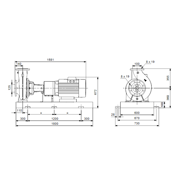 Консольный насос с односторонним всасыванием Grundfos NK 100-400/360 EUP A2-F-A-E-BAQE артикул 98838959 – габаритный чертеж