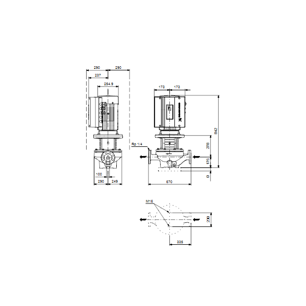 Одноступенчатый вертикальный центробежный насос «ин-лайн» Grundfos TPE 100-200/4 A-F-A-BQQE артикул 99113707 – габаритный чертеж