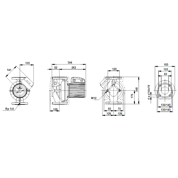 Циркуляционный насос с мокрым ротором Grundfos UPS 65-60/2 F B артикул 96402262 – габаритный чертеж