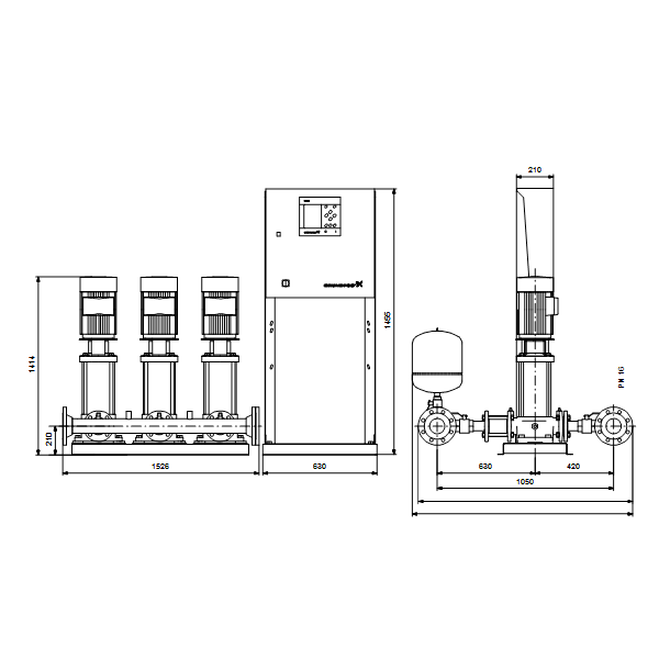 Насосная станция Grundfos Hydro MPC-E 3 CRE45-3 50/60Hz RUS артикул 98439509 – габаритный чертеж