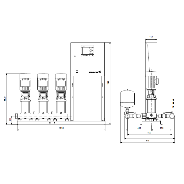 Насосная станция Grundfos HYDRO MPC-S 3 CR 10-12 артикул 95044737 – габаритный чертеж