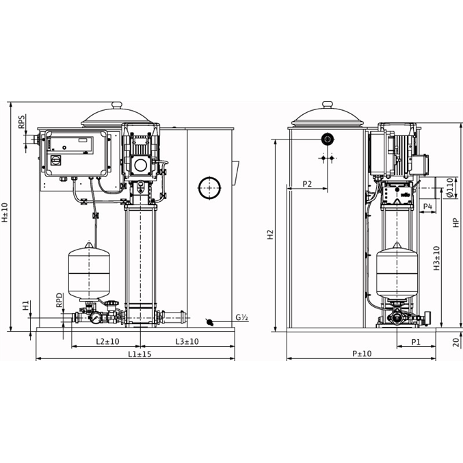 Габаритный чертеж насосной станции Wilo CO/T-1 HELIX V 407/CE